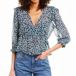 Ba&sh Blanche Floral Peplum Sheer Blouse Blue Peacock Size S